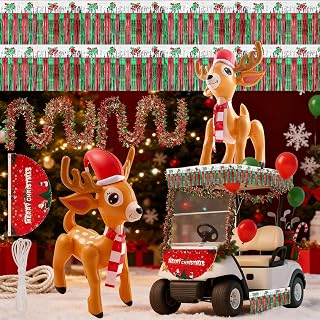 Hungdao 3ft Christmas Inflatable Reindeer Christmas Golf Cart Decorations Kit PVC Blow Ups Reindeer Tinsel Garlands Tinsel Streamers Fan Flag, Reusable Outdoor Decoration for Parade Yard