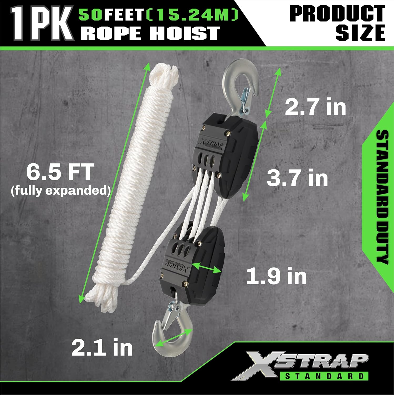 XSTRAP STANDARD Heavy-Duty 2,000LB 50 Feet Reflective Rope Hoist Pulley 1 Ton Wheel Block and Tackle System 5:1 Ratio Lifting Power with 2PK 18 Inch Soft Loop (Upgraded 50ft White)