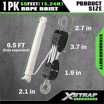 Xstrap Standard 高耐久 50フィート 反射ロープホイストプーリーシステム、ホワイト