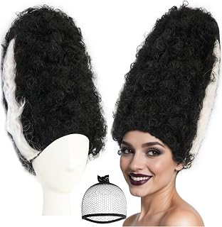 Hair Cap+Monster Bride Wig for Women Black White Beehive Wig Fluffy Curly Hair Black White Gothic Outfit Monster Bride Cosplay Costume Synthetic Beehive Outfit for Theme Party Halloween Cosplay