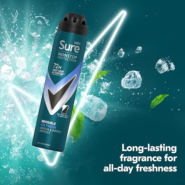 Sure Men Nonstop Protection Invisible Ice Fresh Deodorant Body Spray Antiperspirant with body heat activated technology for 72 hour odour and sweat protection 250 ml - 4