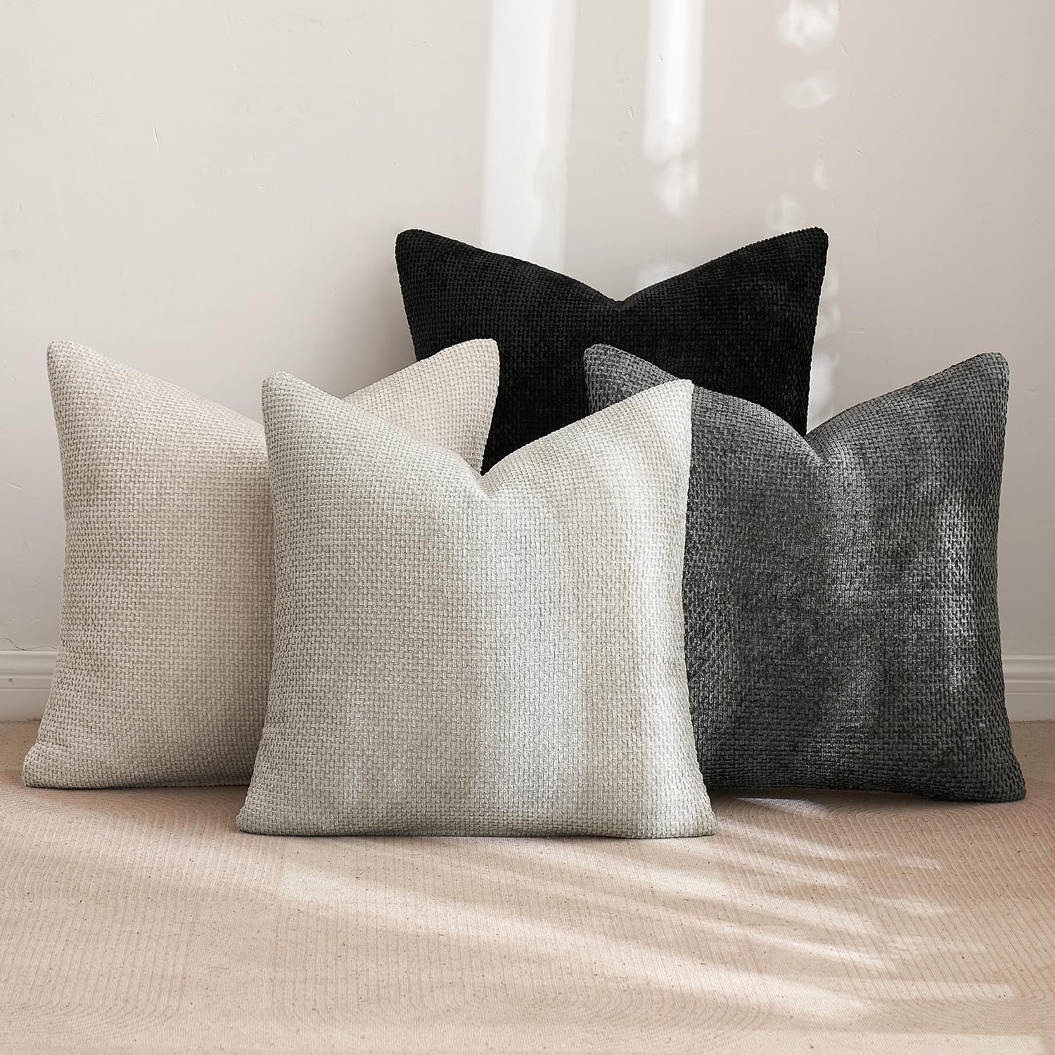 MIULEE Pack of 4 Feather and Down Pillow Inserts Bundle Pack of 4 Chenille Halloween Pillow Covers Neutral Cream/Grey