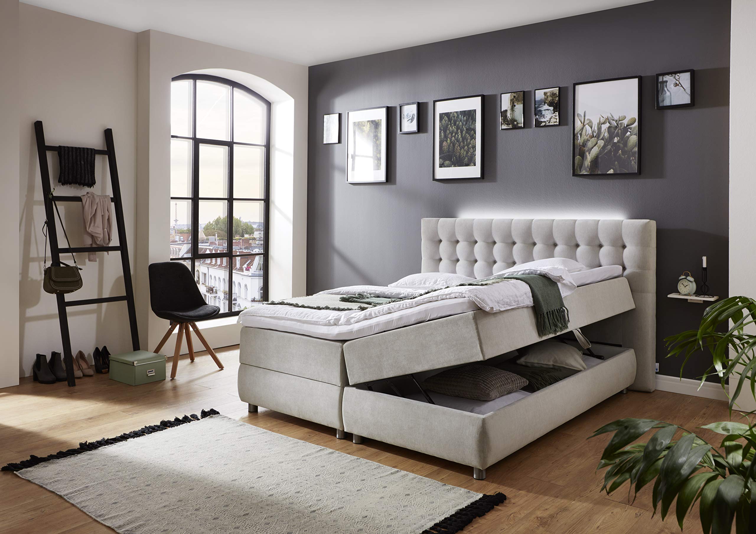 Atlantic Home Collection TINA - Letto con base a molle, topper incluso (rigidità H2) e cassettoni (2 pezzi), 160 x 200 cm, grigio chiaro