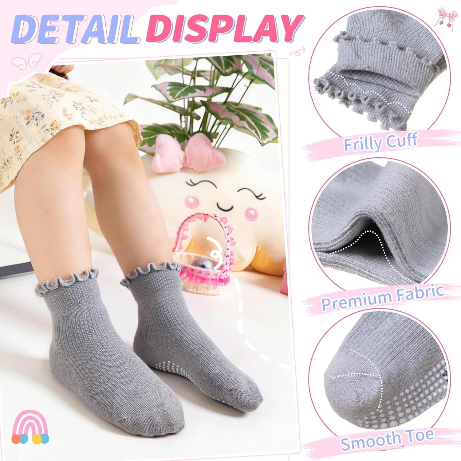 Eocom Toddler Ruffle Socks Baby Girls Non Slip Frilly Dress Cotton Grips Socks 6 Pairs - Image 5