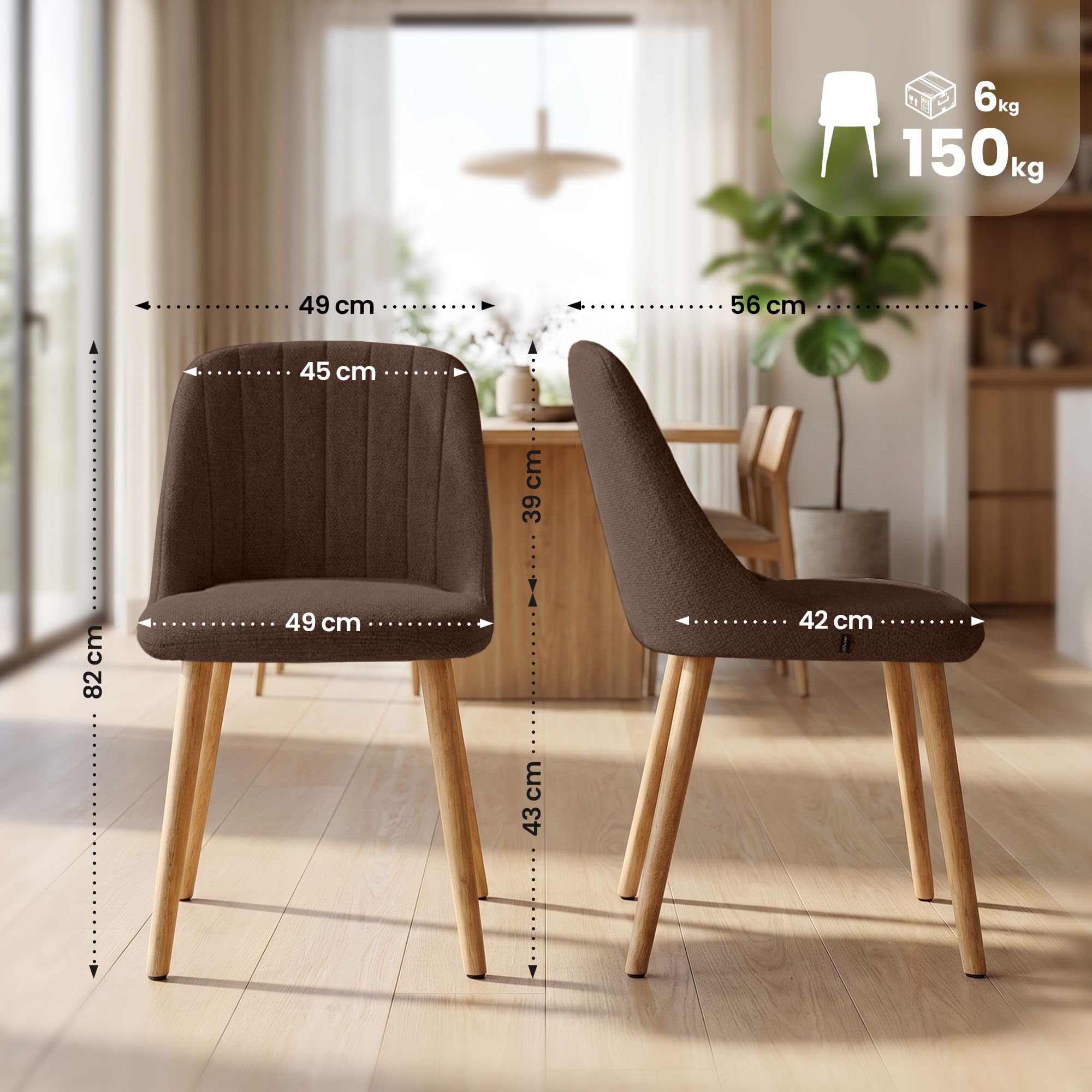 CLP Silla de Comedor Acolchada Arie con Respaldo, tapizada en Tela, Estructura de Madera hasta 150 kg para Cocina y salón Color:marrón