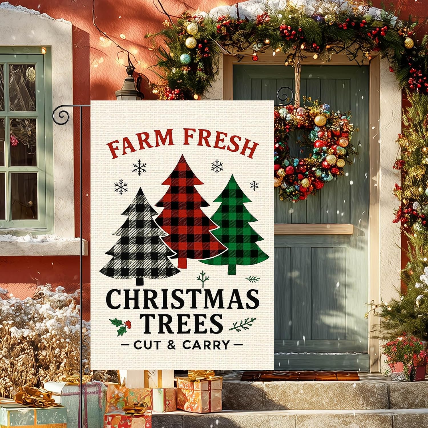 Merry Christmas Garden Flag 12x18 Inch Welcome Garden Flags Burlap Double-Sided Farm Fresh Christmas Trees Plaid Pine Seasonal Outdoor Holiday Banner Winter Flag for Yard Lawn Decoration - Image 2