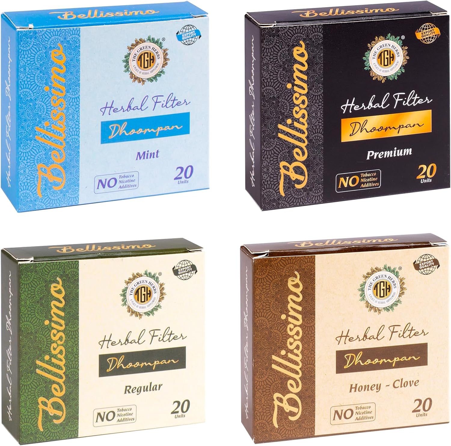 Bellissimo Herbal Cigarette, Tobacco & Nicotine free Herbal Filter Dhoompan, Non-Addictive Smoking Cessation Helps Quit Smoking, Pack of 4, Regular, Premium, Mint, Honey Clove Flavors