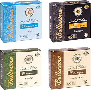 Bellissimo Herbal Cigarette, Tobacco & Nicotine free Herbal Filter Dhoompan, Non-Addictive Smoking Cessation Helps Quit Smoking, Pack of 4, Regular, Premium, Mint, Honey Clove Flavors