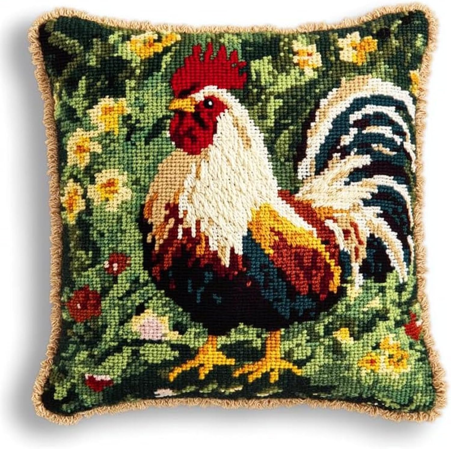 Amcdjkery Latch Hook Kits for Adults Beginners Farm Rooster Cushion Cover Making Crochet Craft Kits Pre Printed Canvas Wool Yarn Hobbies DIY Sofa Home Decor Women Gift 17x17 in