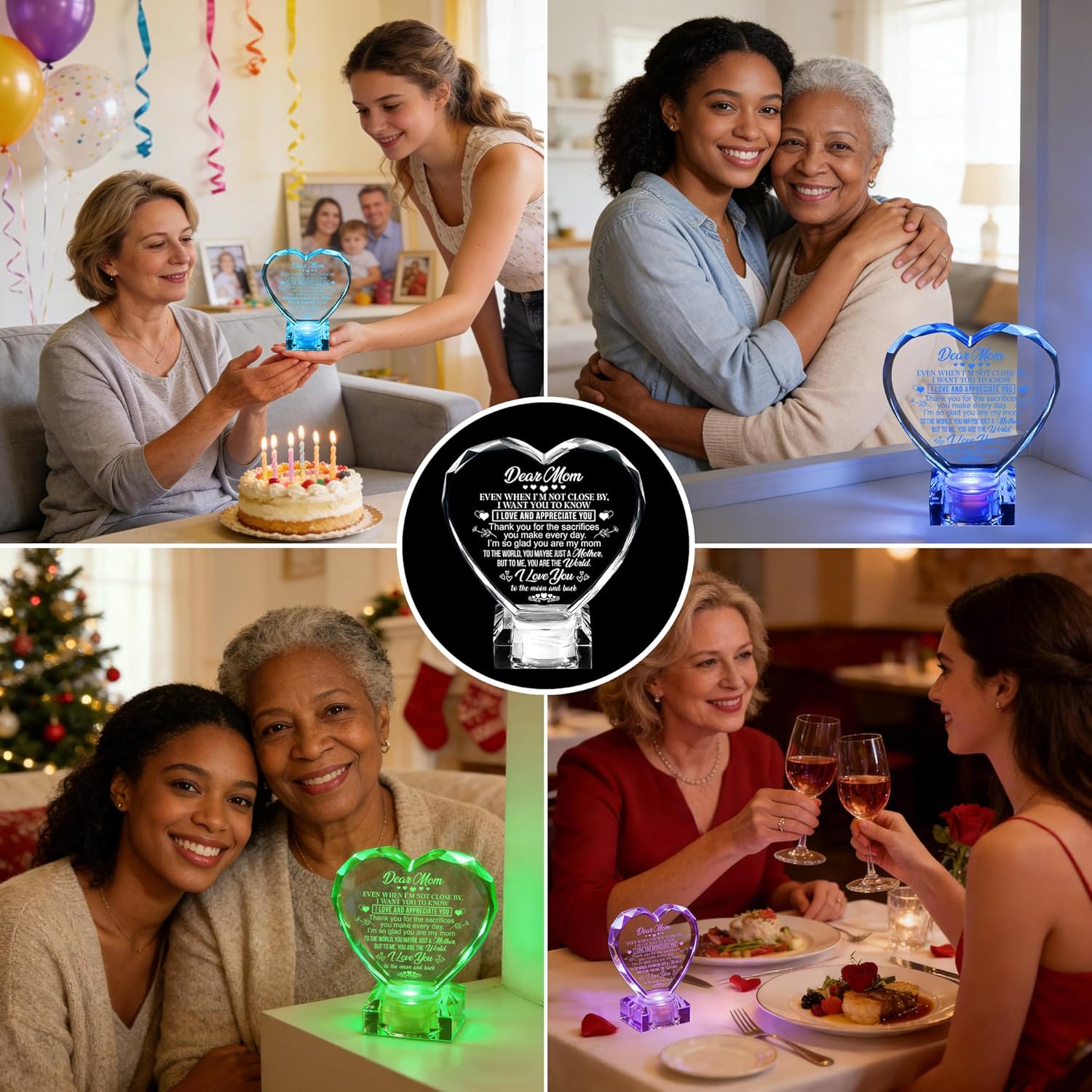 Gifts for Mom Birthday Mothers Day, Perfect Christmas Mothers Valentines Day Birthday Gifts for Mom from Daughter Son, Engraved Mother Crystal Heart with Rechargeable Color-Changing LED Base