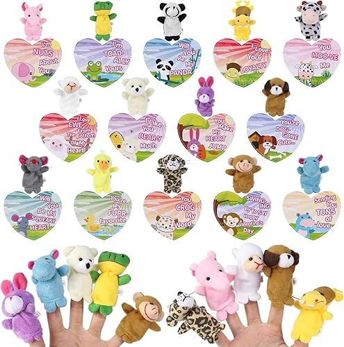 Miniatura 2 de Paquete de 28 tarjetas para el día de San Valentín con marionetas de dedo, juego de títeres de felpa suave de animales, intercambio de San Valentín