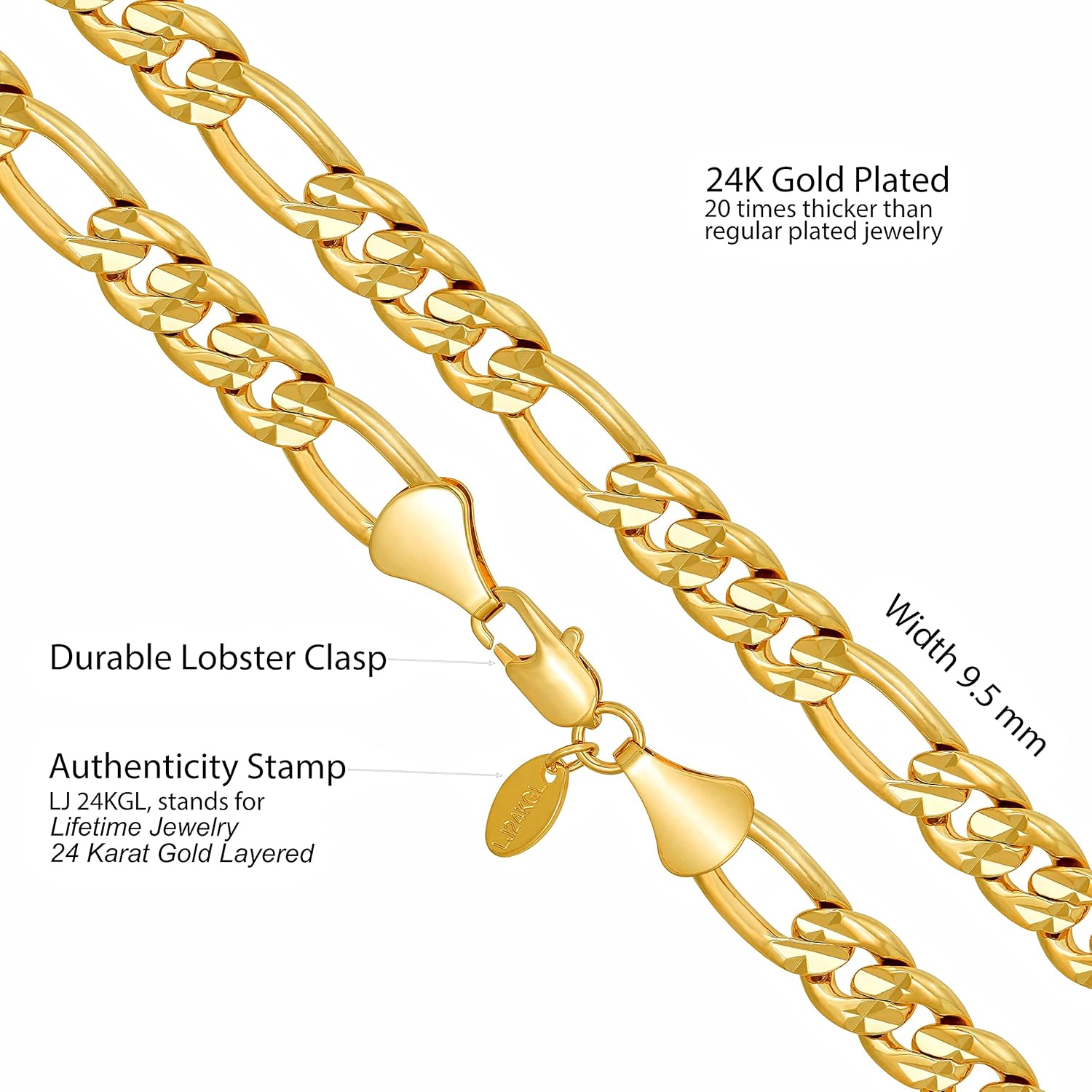 LIFETIME JEWELRY Radiant Diamond Cut Figaro Chain Necklaces 24k Real Gold Plated (6mm, 7mm, 9.5mm) - Image 4