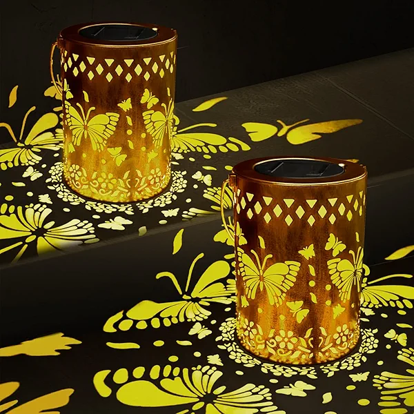 2 Pack Solar Lanterns Outdoor Waterproof Butterfly Garden Decor Birthday Gifts for Women Mom Grandma, Solar Lights Metal Lantern for Yard, Patio, Backyard, Porch, Garden