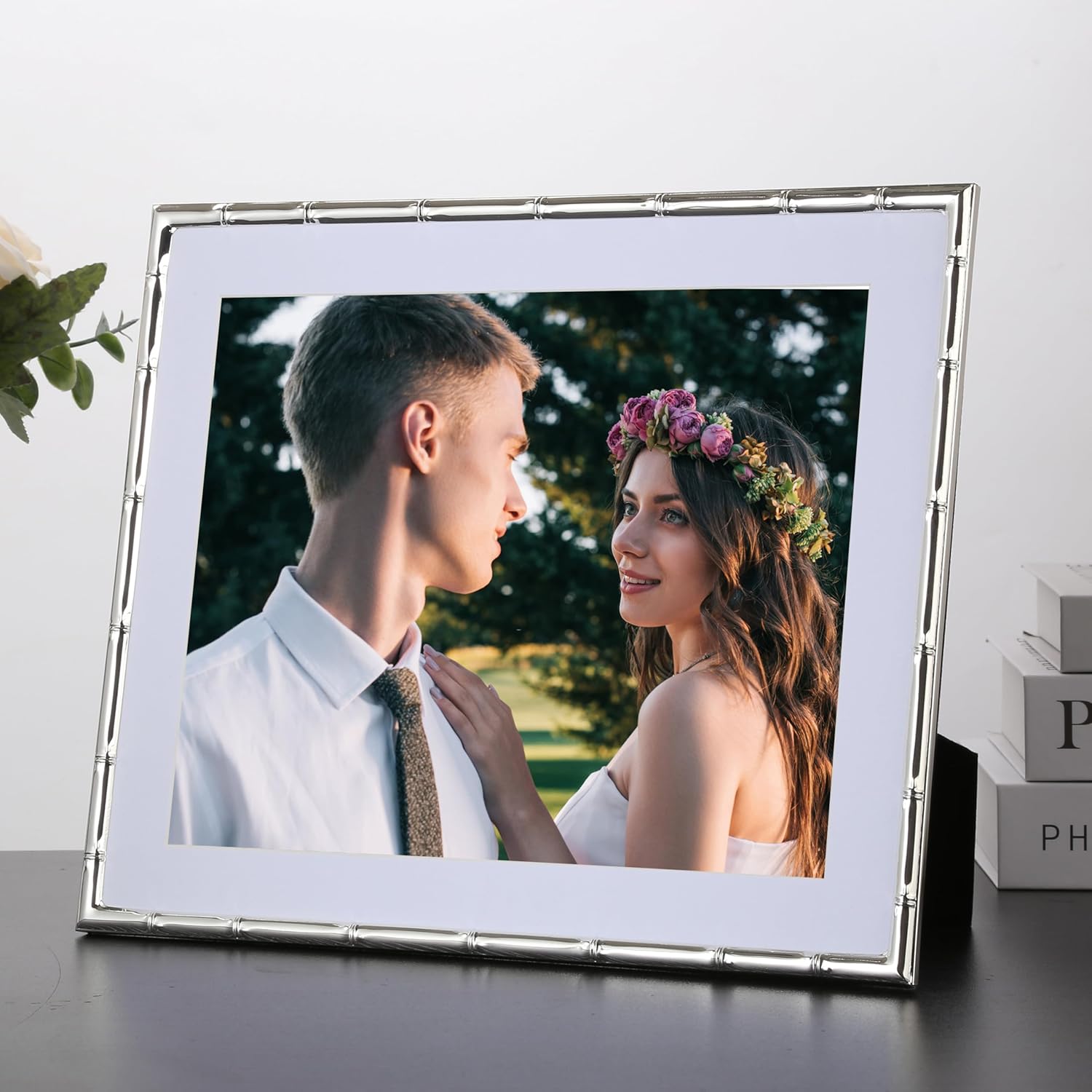 YiPinYin 10x12'' Silver Plated Metal Photo Frame Bamboo Detail, Acid-Free Mat for 8x10'' Photos, Velvet Backing, Narrow Elegant Frame for Desktop & Wall Décor
