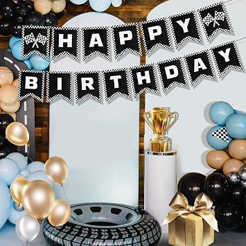 Race Car Happy Birthday Banner, Themed Party Supplies Decorations Checkered Flags Black and White Racing Banner Racing Checkered Flag Party Race Car Birthday Party Decorations