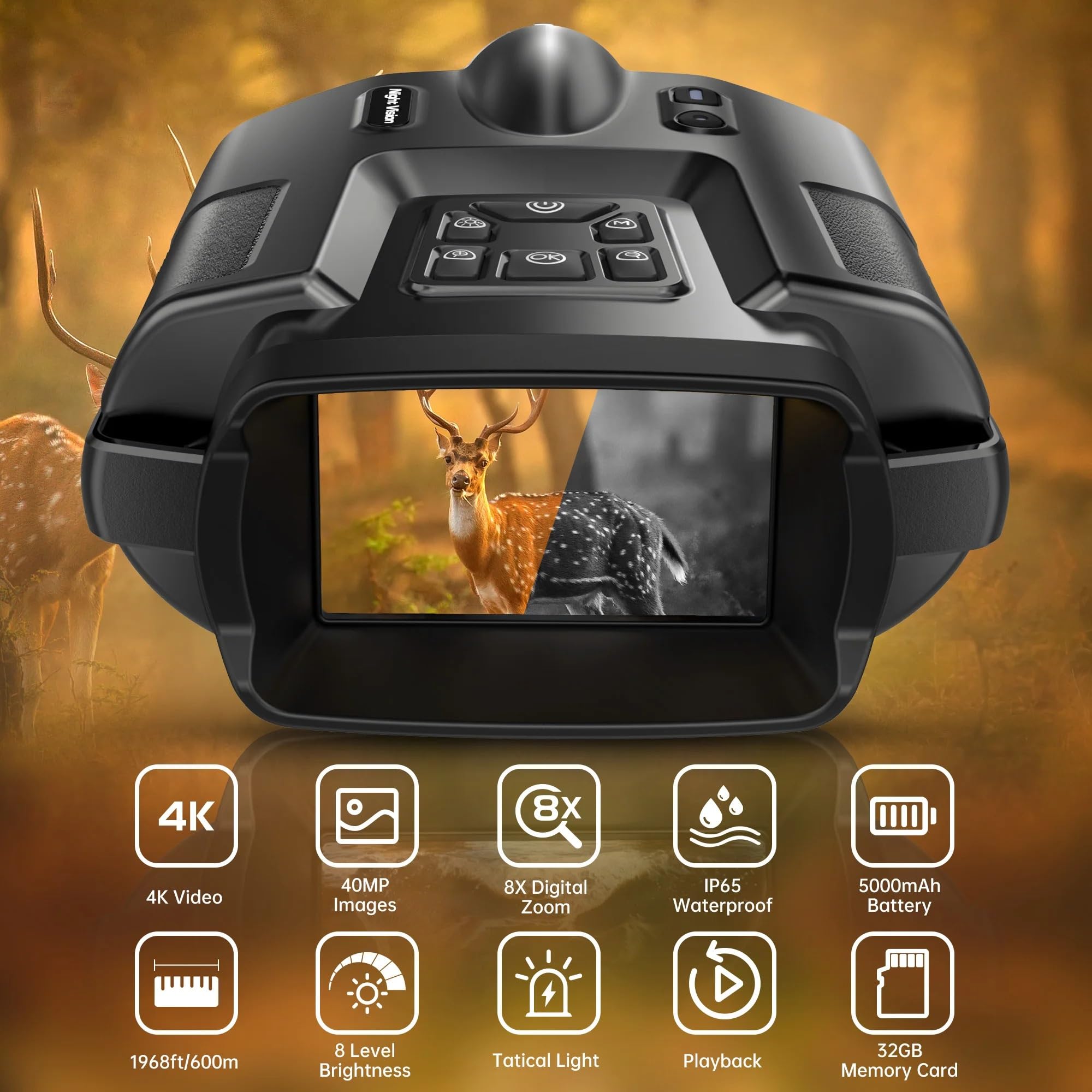 Jumelles de vision nocturne 4K, 32 Go, lunettes de vision nocturne infrarouge, grand écran 3 pouces, zoom numérique 8x, lampe tactique for le camping et la chasse