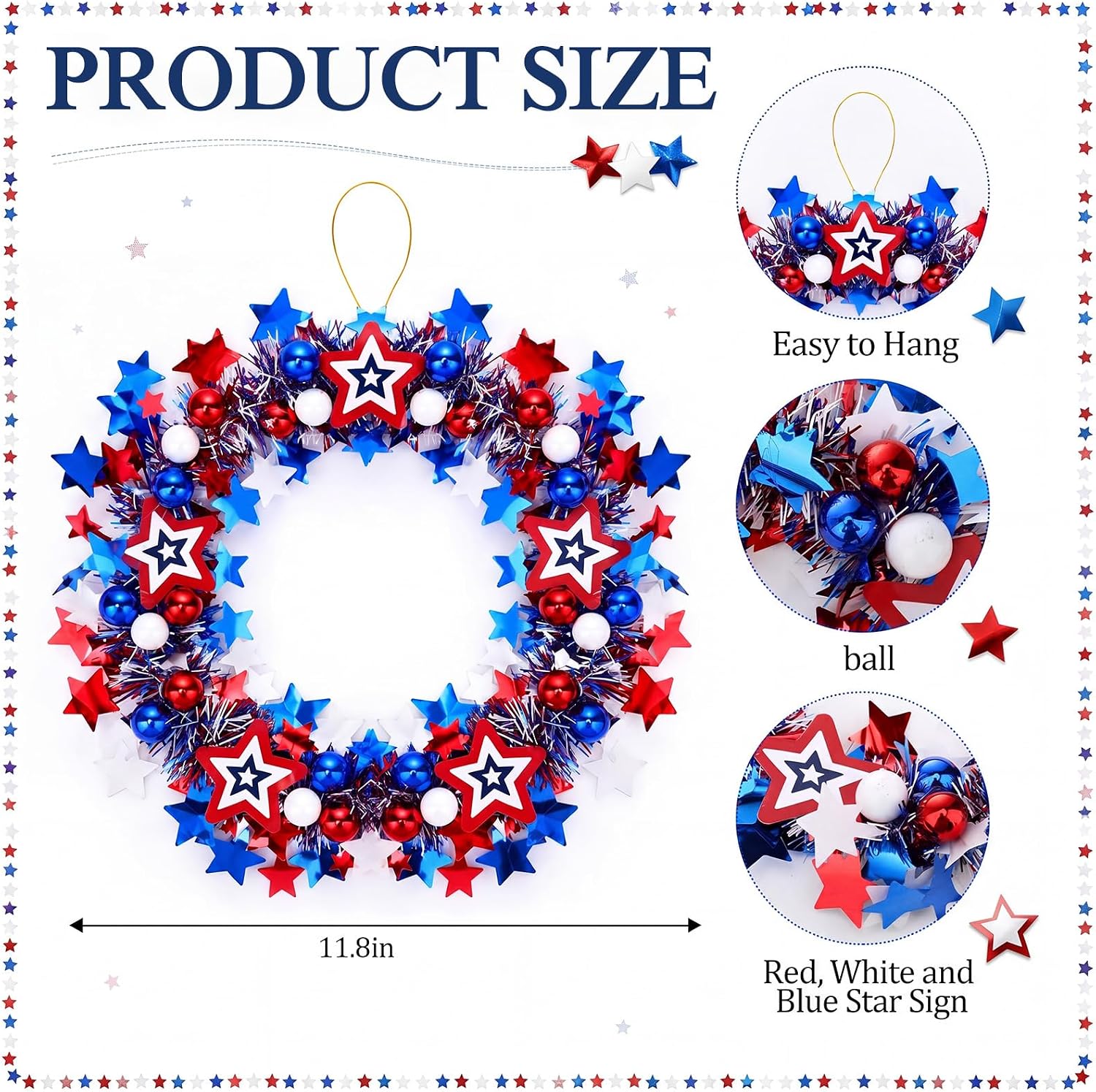 3 Pack 12 Inches Patriotic Wreaths for Front Door, 250th Anniversary 4th of July Star Tinsel Wreaths, Red White and Blue Stars Hanging Ornaments Garland for Independence Day Indoor Outdoor Party Decor