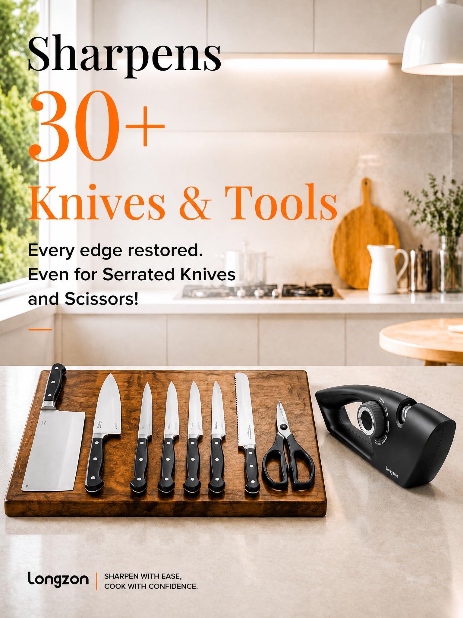 Longzon Afilador de Cuchillos Profesional 5 en 1 - Manual para Cocina, Knife Sharpener