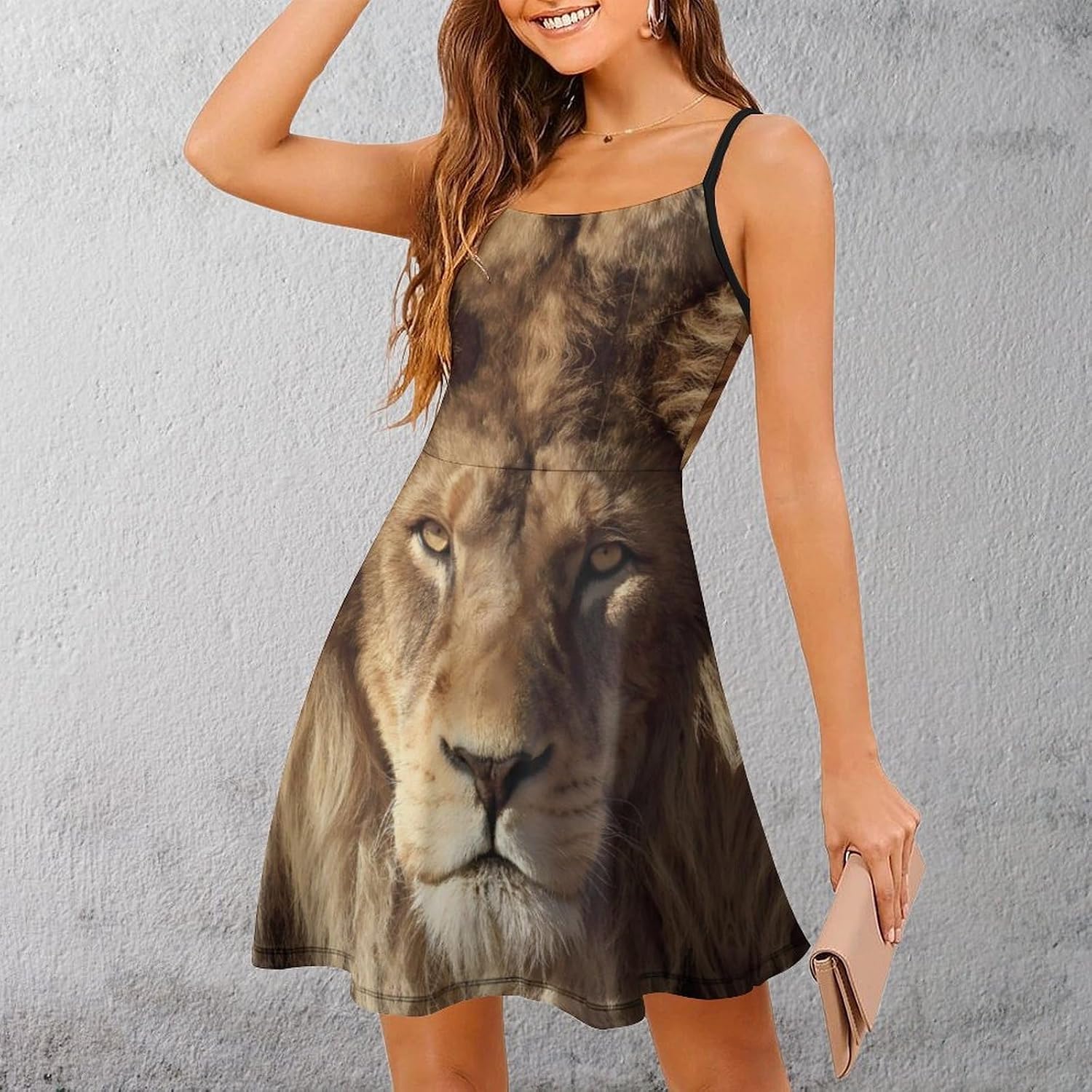 Lion Short Cami Dress for Women Adjustable Spaghetti Strap Flowy Sundress Beach Vacation