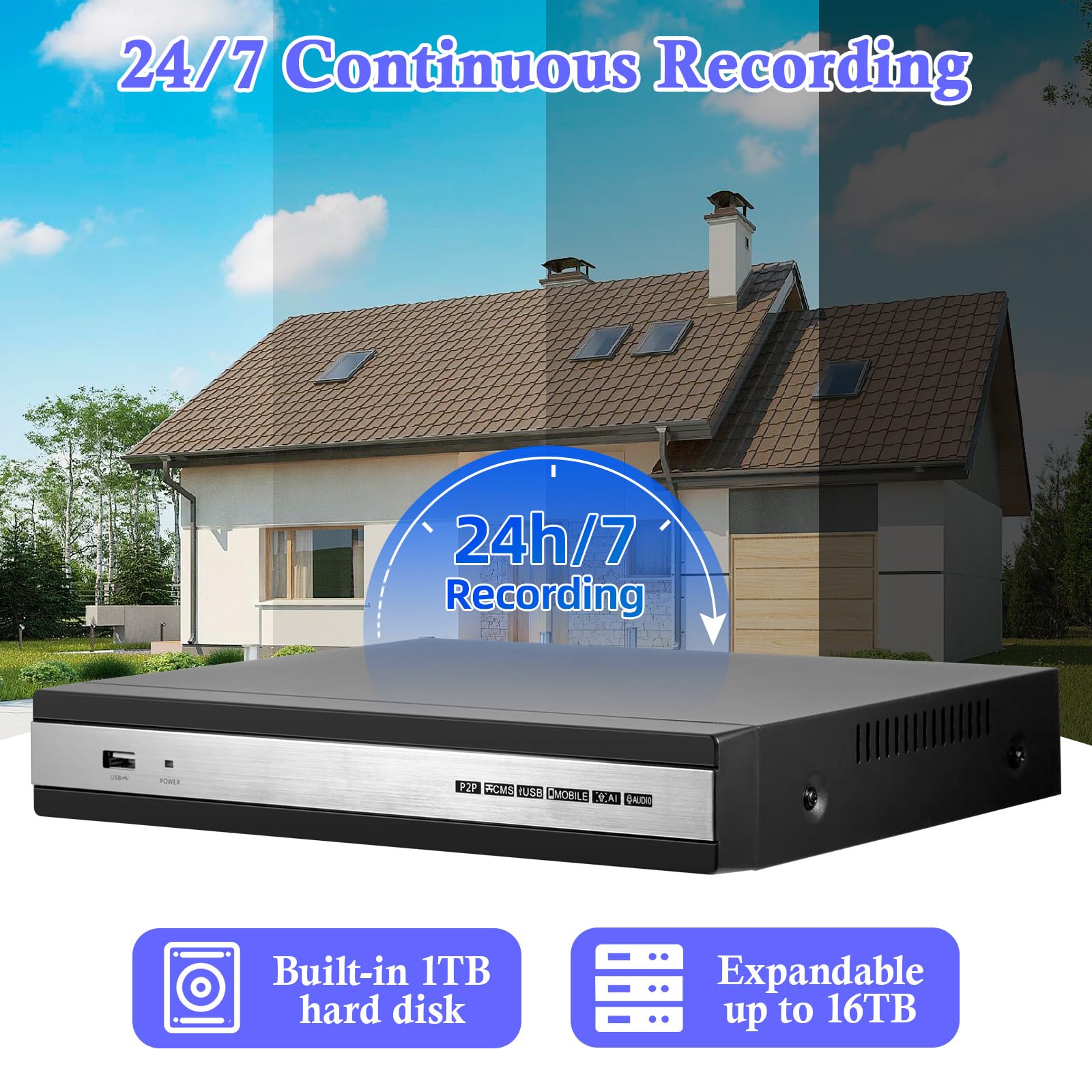Enregistreur DVR de sécurité à 8 canaux avec disque dur de 1 To, enregistreur vidéo numérique de surveillance H.265+8 CH, hybride 6 en 1 (TVI/AHD/CVI/XVI/CVBS/IPC) CCTV DVR pour caméra de