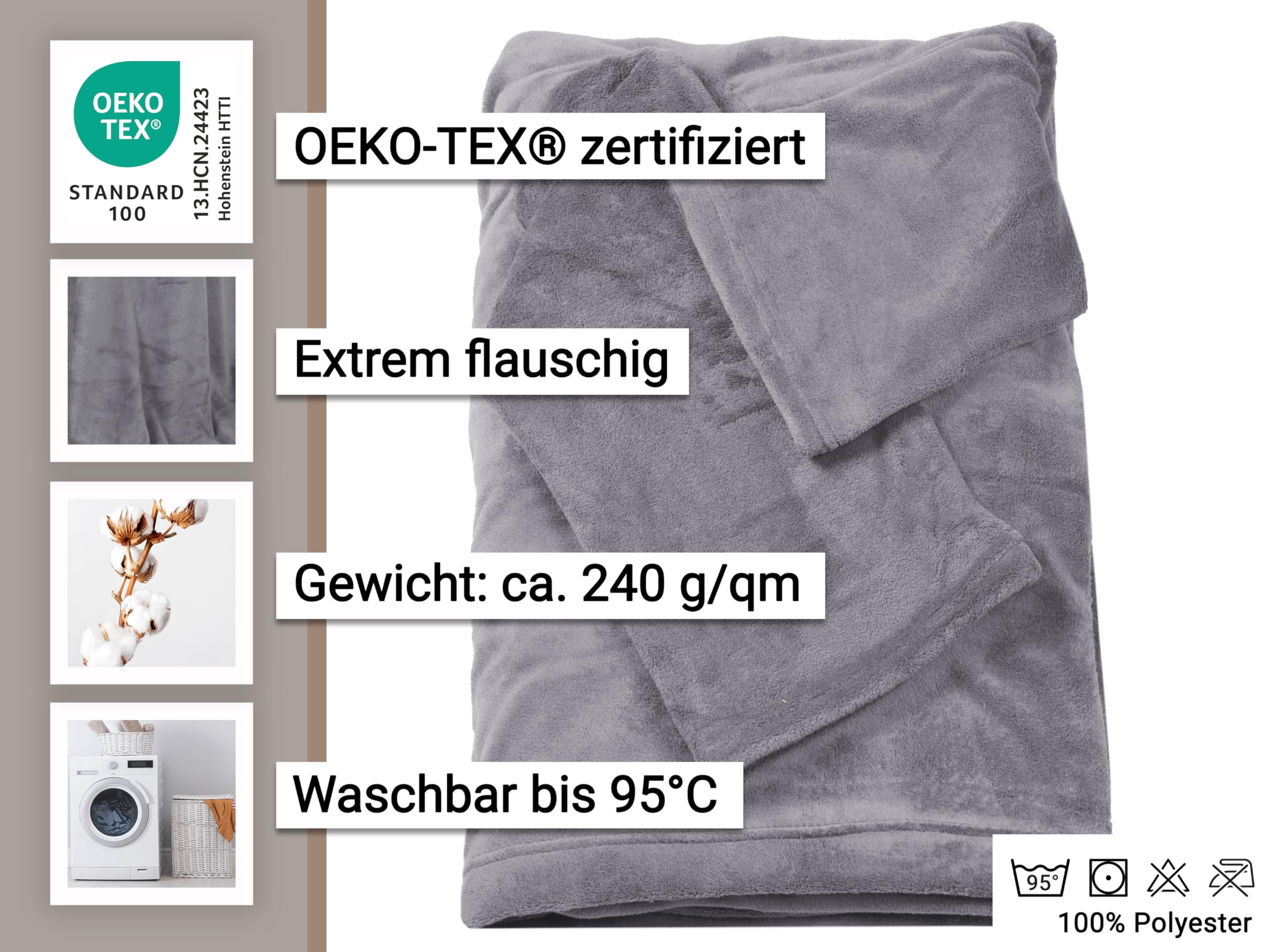 ZOLLNER Kuscheldecke mit Ärmeln - super kuschelige und warme Sofadecke - Taupe - in 170x200 cm - mit Taschen - waschbar bis 95°C - Hotelqualität - Oeko Tex® Zertifiziert