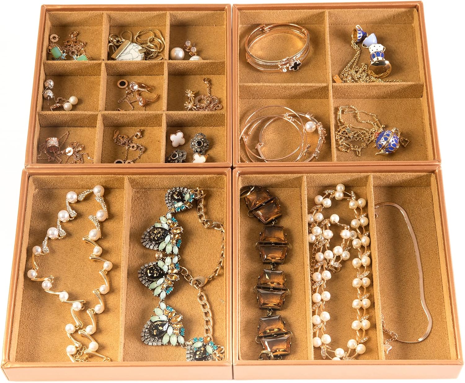 HUJI Stackable Jewelry Trays Organizer Storage Rings Earrings Bracelets Watches Necklaces (1, Camel Brown Stack-able Trays) : Clothing, Shoes & Jewelry