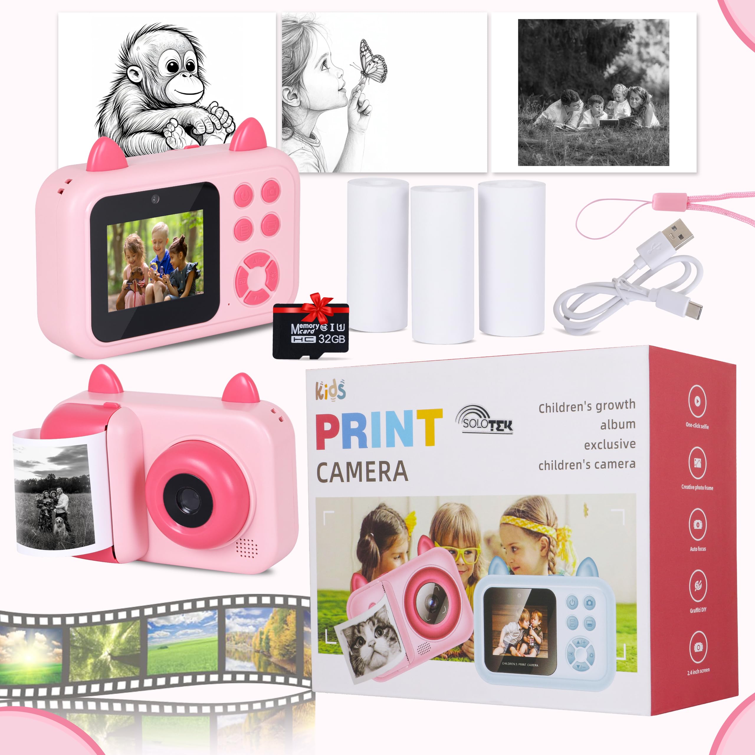 SOLOtek S6 Instant Camera for Kids with Print - 1080P HD, 48MP, 32GB SD Card,3 Rolls Print Paper with Shoulder Strap | Instant Photo Camera with Video Recorder, Games & Photo Filters| 1-Year Warranty-image-20