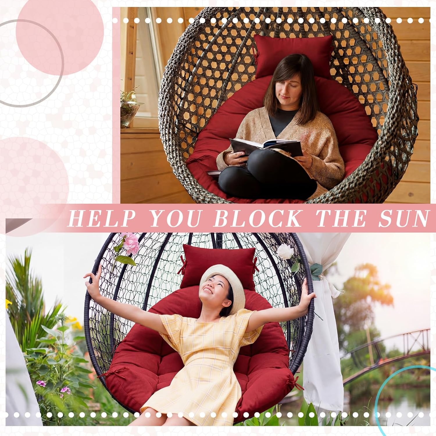 Tudomro Red Waterproof Egg Chair Cushion with Pillow Filling 2.58 kg Replacement Rocking Wicker Chair Cushion 48" x 32" High Back Hanging Swing Hammock Pad Thicken for Outdoor Patio Garden