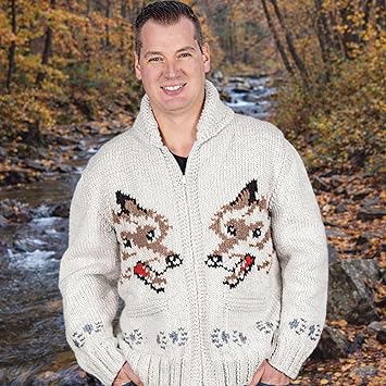 Mary Maxim Wolf Cardigan Knitting Kit for Adults - Worn by Ryan Gosling in the Movie Project Hail Mary - Knit Kit Includes Pattern, and Yarn - White/Taupe - Mens Size 38 to 40