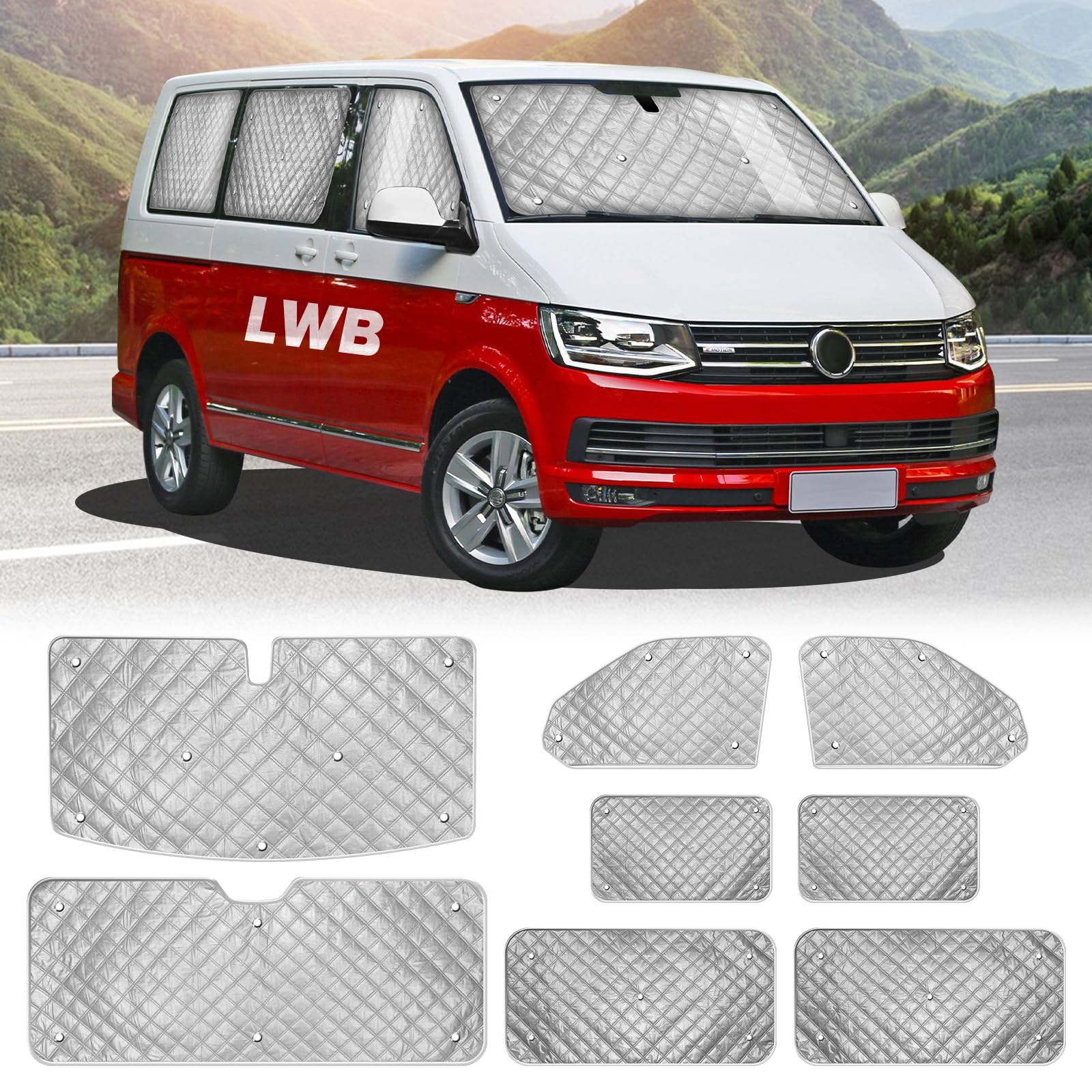 MaxAwe Ensemble de 8 pièces de stores thermiques internes pour VW T5/T6 LWB, kit de protection solaire de luxe, housse de protection pour pare-brise avant - Protection UV estivale et isolation