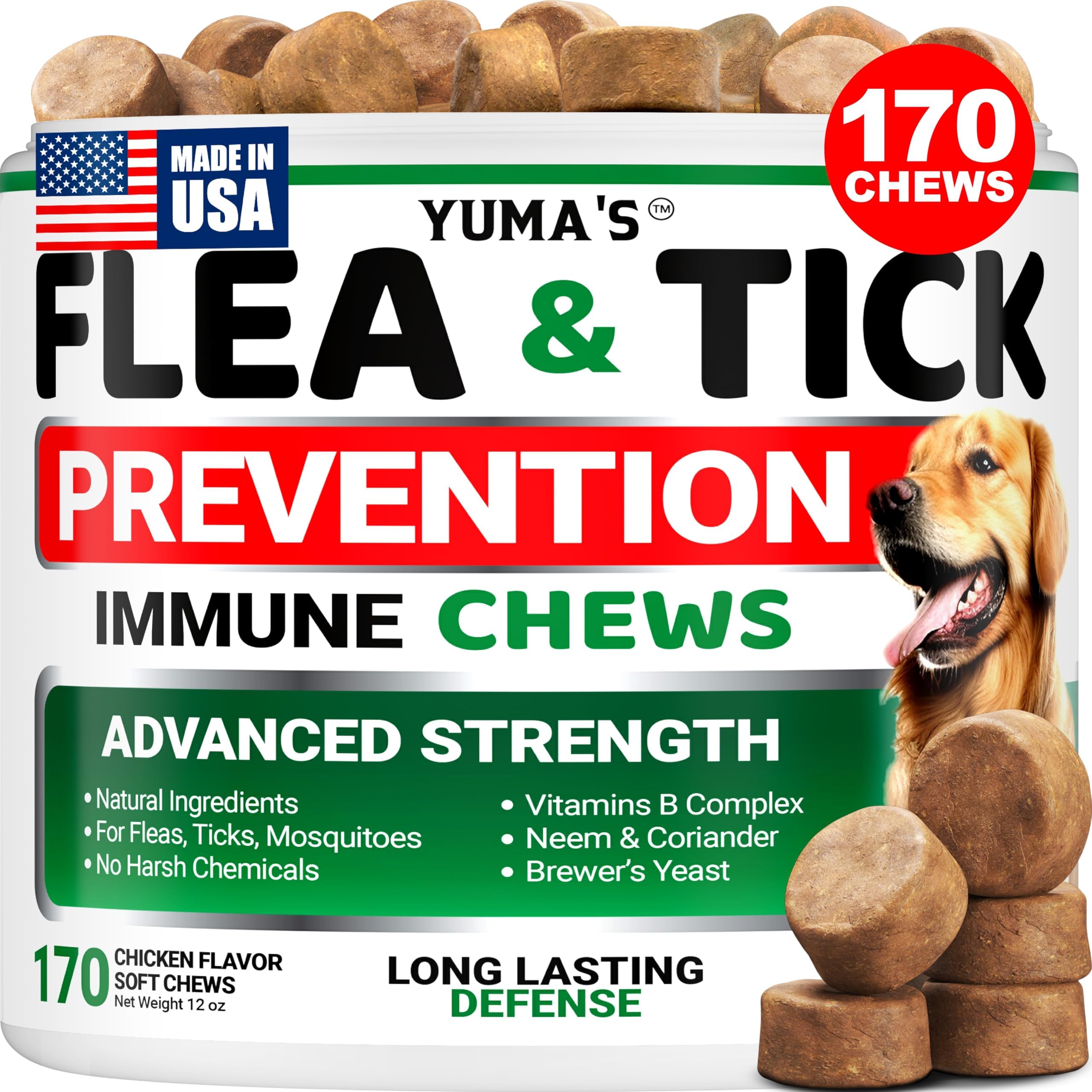 Flea and Tick Prevention for Dogs Chewables - 170 Treats - Natural Dog Flea and Tick Treatment Chewable Supplement - Oral Pills - All Breeds & Ages - Soft Chews - Made in USA - Chicken Flavor