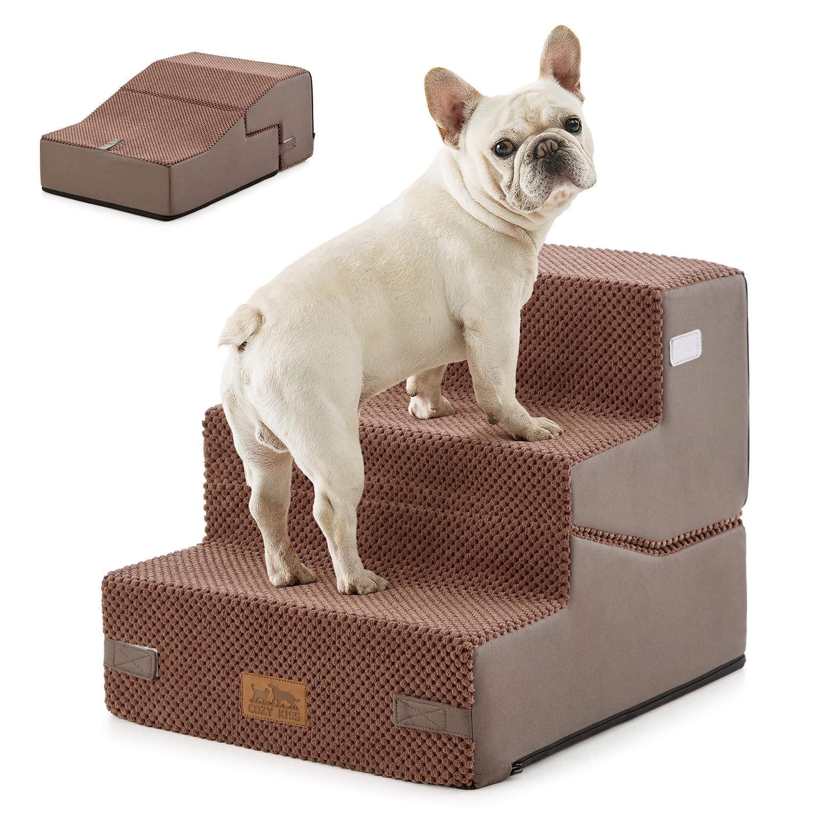 COZY KISS Dog Stairs for Small Dog, 14.2" H, 3 Step for Couch, Brown
