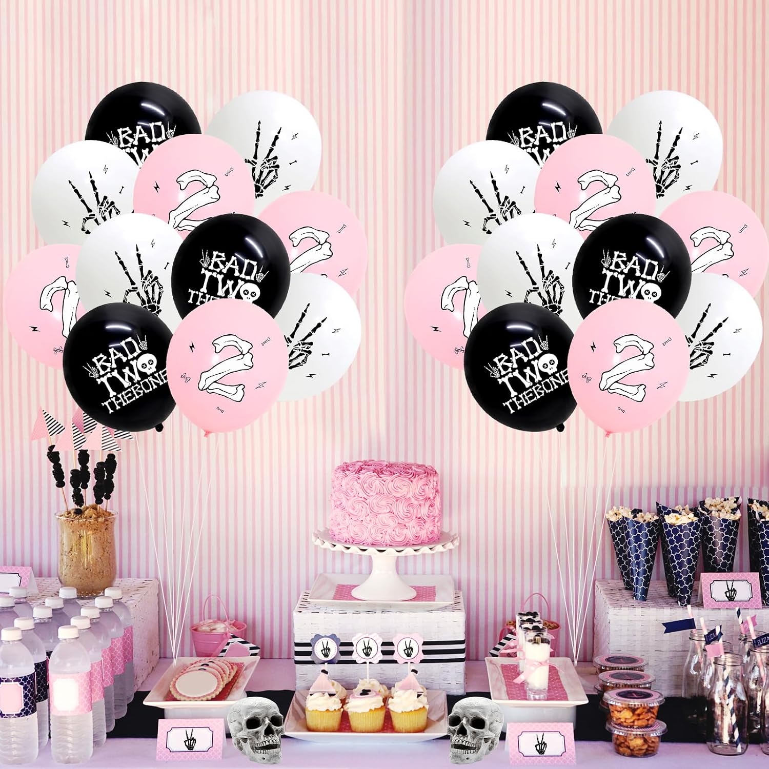 Jollyboom Bad Two The Bone Party Decoration Girl, 40pcs Skeleton Theme 2nd Birthday Decorations Pink Black Print Latex Balloon for Bad 2 The Bone 2nd Second 2 Year Old Birthday Party Decoration