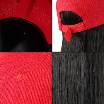 Red Baseball Cap with Attached Long Straight Hair Extension Wig, 22 Long Wavy Hairpieces Adjustable Wig Cap Natural Synthetic Hair Hat for Women Girl