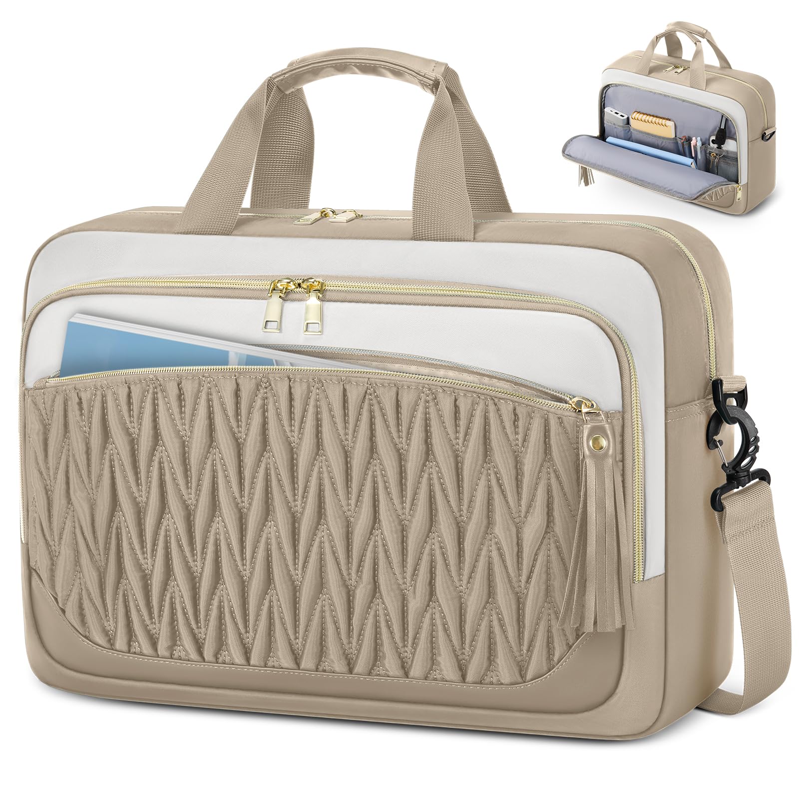 RAINSMORE Bolso Portatil Mujer 17,3 Pulgadas Maletín Portátil Impermeable Bolso Trabajo Portadocumentos Grande Bolso Ordenador para Oficina Universidad Caqui
