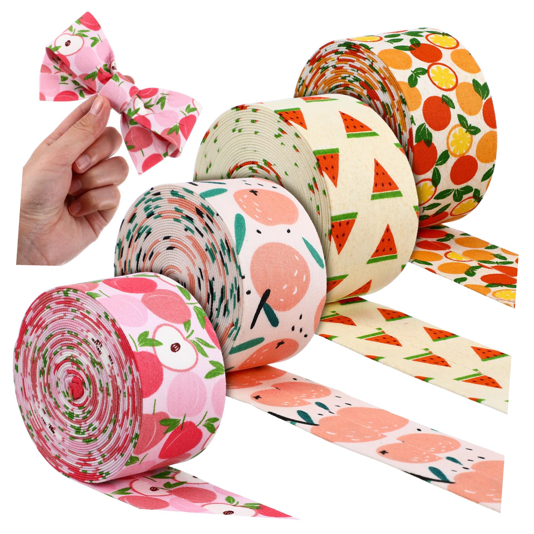 4 Rollen Sommerliches Stoffband mit Fruchtigem Melonenmuster in Verschiedenen Breiten Weiches und Robustes Nylongarn für Geschenkverpackung Blumensträuße und DIY Dekorationen