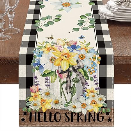CMEGKE Spring Table Runner, Buffalo Spring Floral Table Runner, Spring Kitchen Dining Table Decor for Seasons Spring Summer Fall Farmhouse Home Party Indoor Outdoor Decor 13x72 in