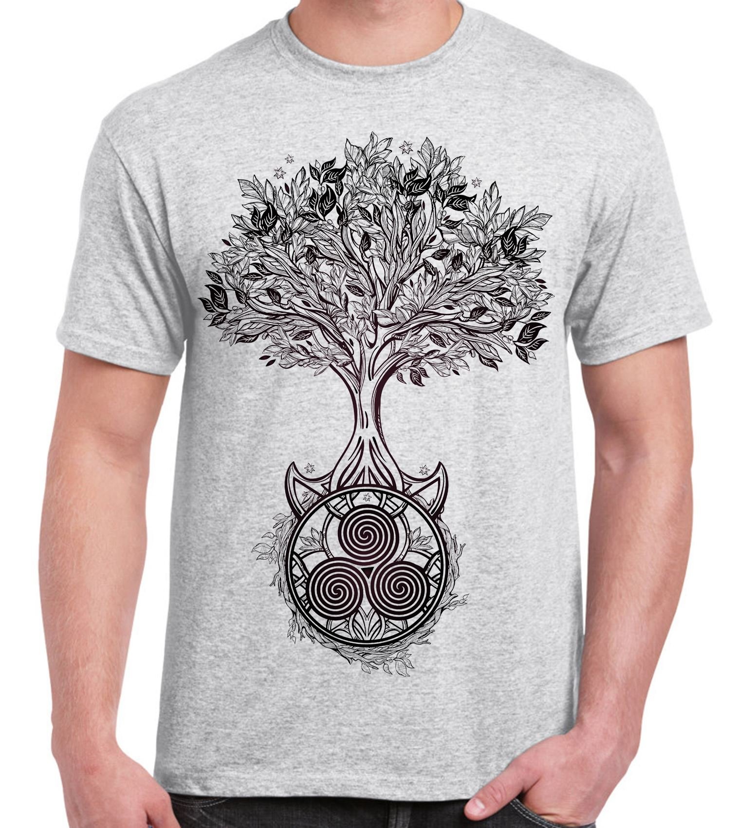 Tribal T-Shirts Men's Light Grey Celtic Spiral Tree Of Life Large Print T-Shirt (2Xl, )