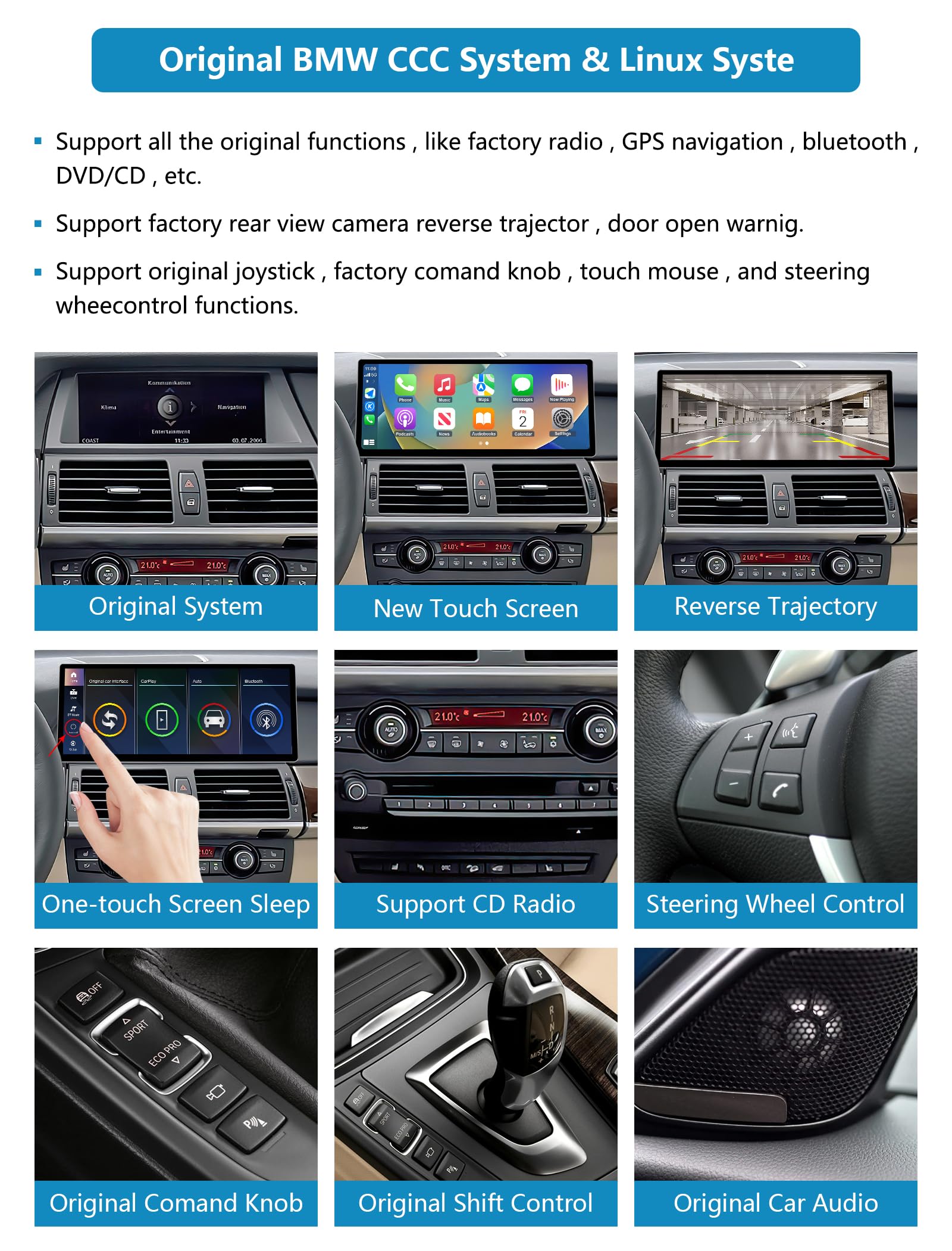 Autoradio touchscreen da 12,3 pollici per BMW X5/X6 E70 E71 2007-2010 con sistema CCC, supporta Apple Carplay/Android Auto/Mirrorlink/navigazione GPS, aggiornamento del display dell'autoradio