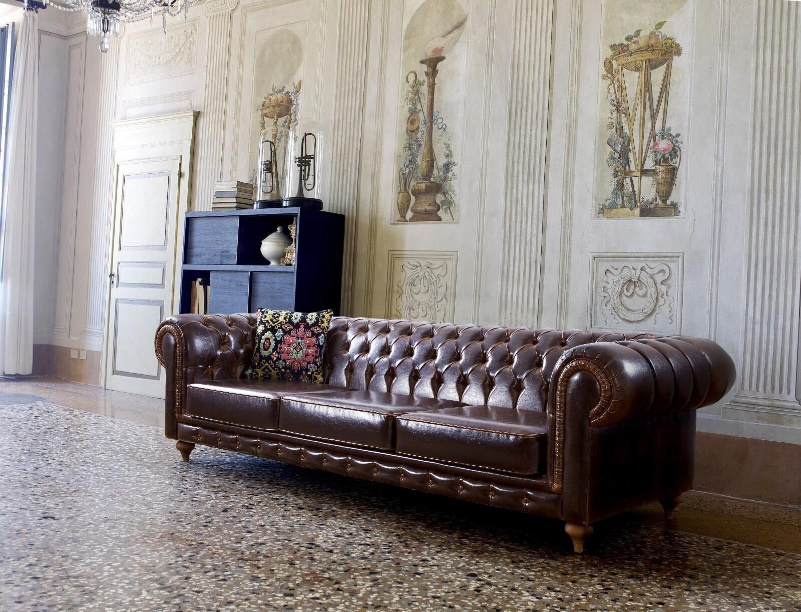 ZenXhome Canapé Chesterfield classique en cuir véritable – Élégance intemporelle, cuir touffeté, accoudoirs roulés – Canapé de luxe de style vintage pour salon élégant – Fabriqué à la main – Canapé