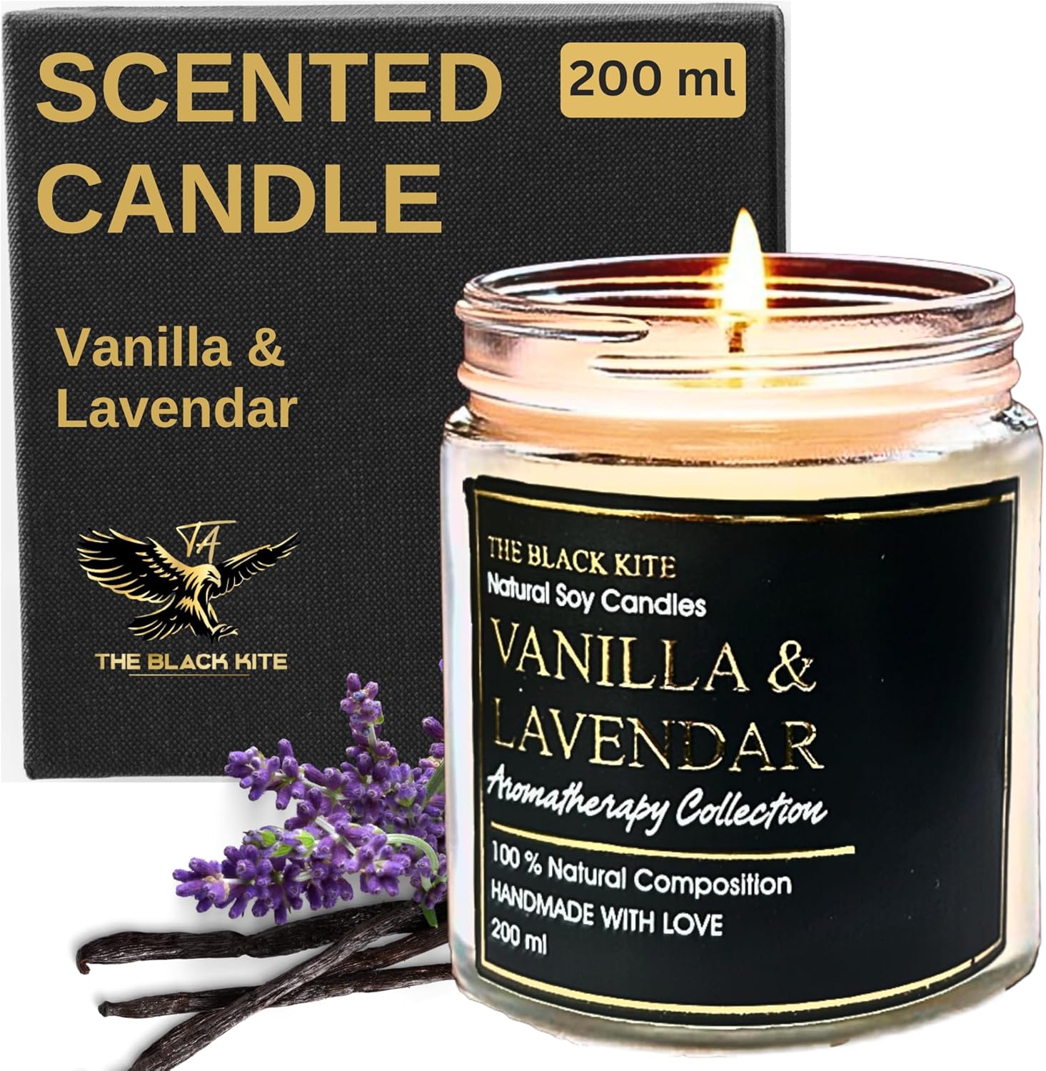 The Black Kite Scented Candles, Vanilla & Lavender Scented Candle, Last 35 Hrs, 200 GMS, Aromatherapy Fragrance Candles for Home Decor, Scented Candles Gift Set, Soy Wax Candles