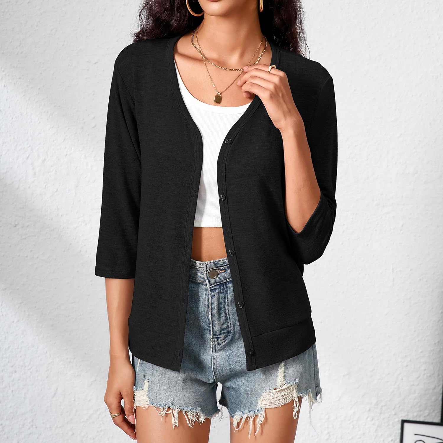3/4 Sleeve Cardigan for Women Lightweight Button Down Cardigan Knit Shrugs Sweater Tops - Image 3