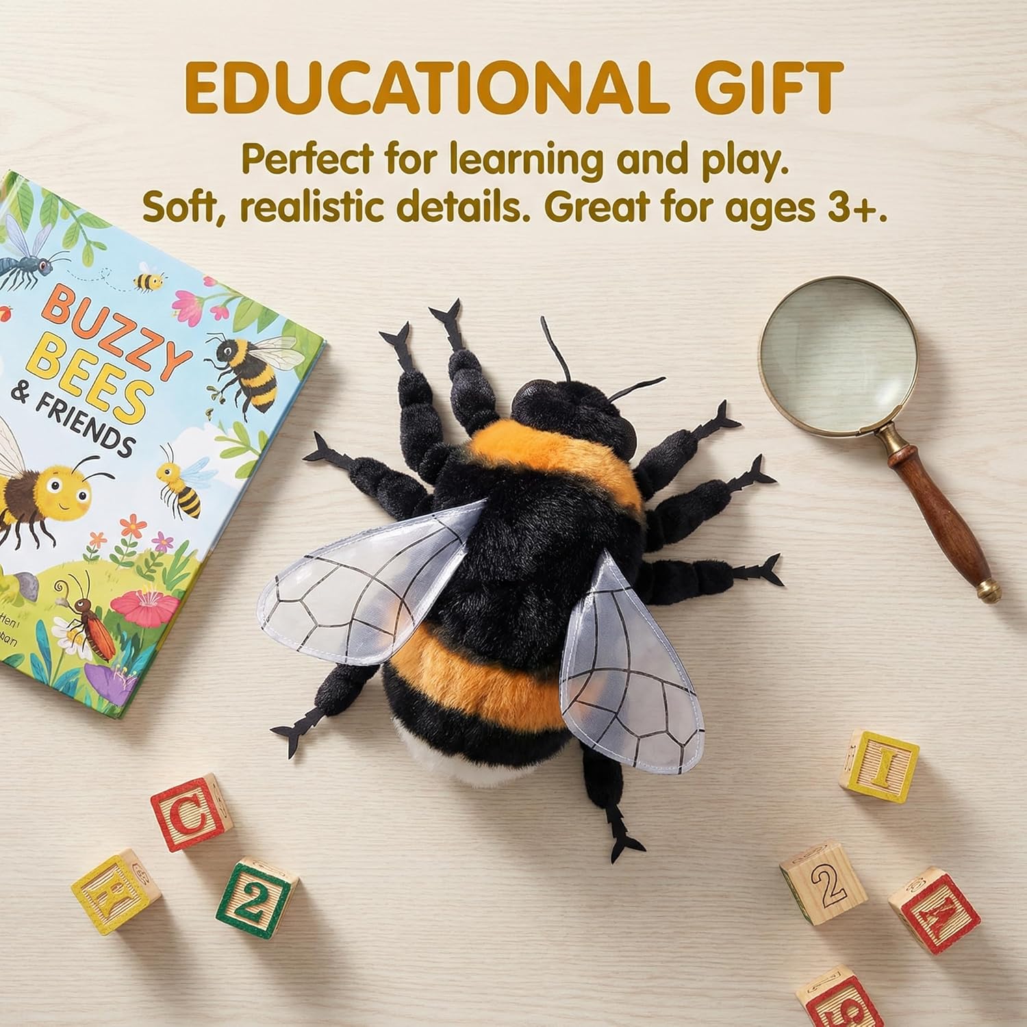 Bumblebee Plush Toy, Lifelike Bumblebee Stuffed Animals 8in, Realistic Bumblebee Wings Toys，Simulation Bumblebee Plushie Model Toy, Unique Plush Gift Collection for Kids