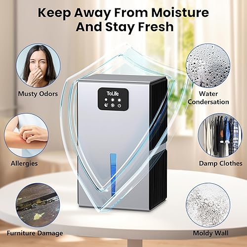 Miniatura 6 de ToLife Deshumidificadores para el hogar, tanque de agua de 95 onzas con apagado automático, modo de sueño de 1000 pies cuadrados, deshumidificador