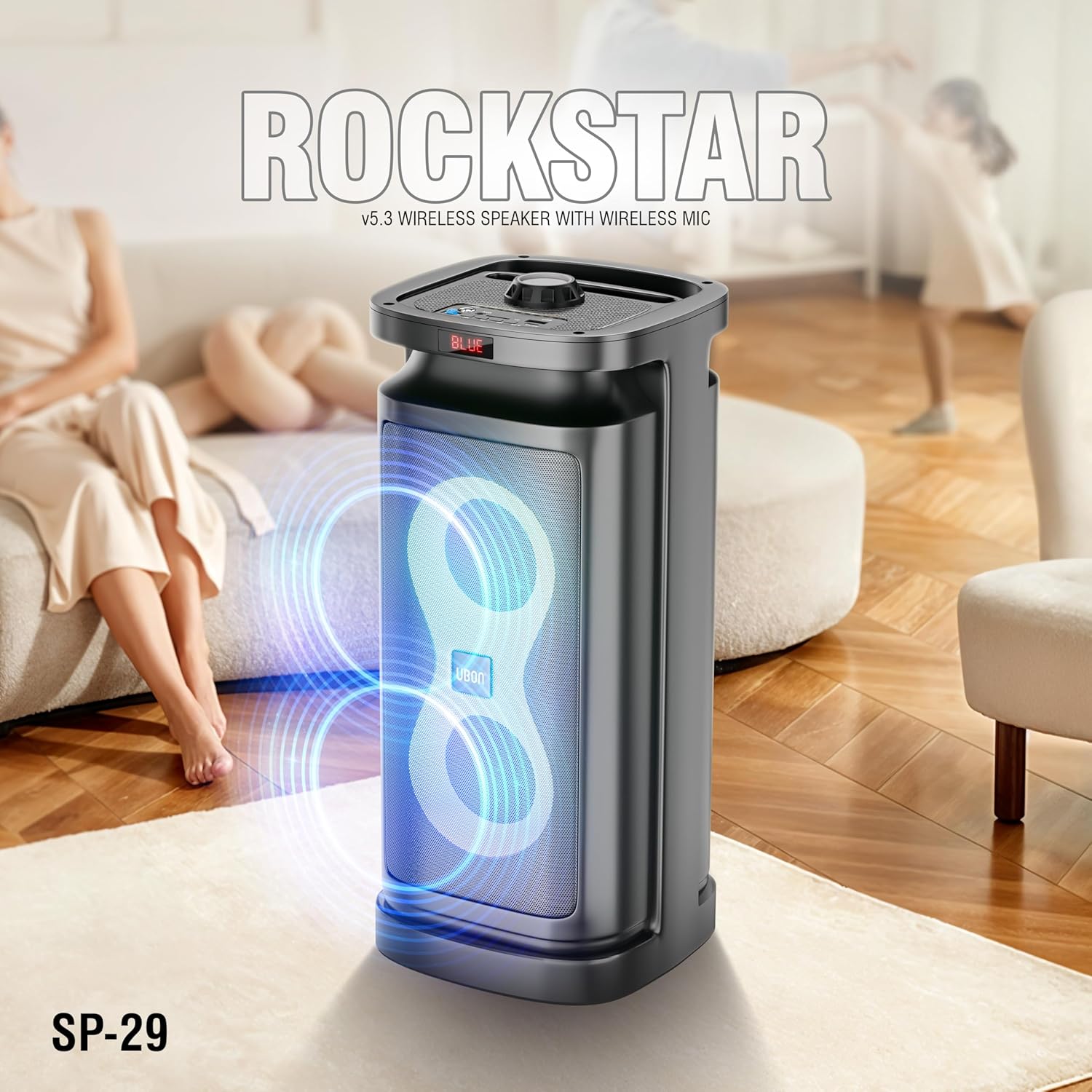 Person using the wireless microphone with the UBON Rockstar SP-29 speaker in karaoke mode