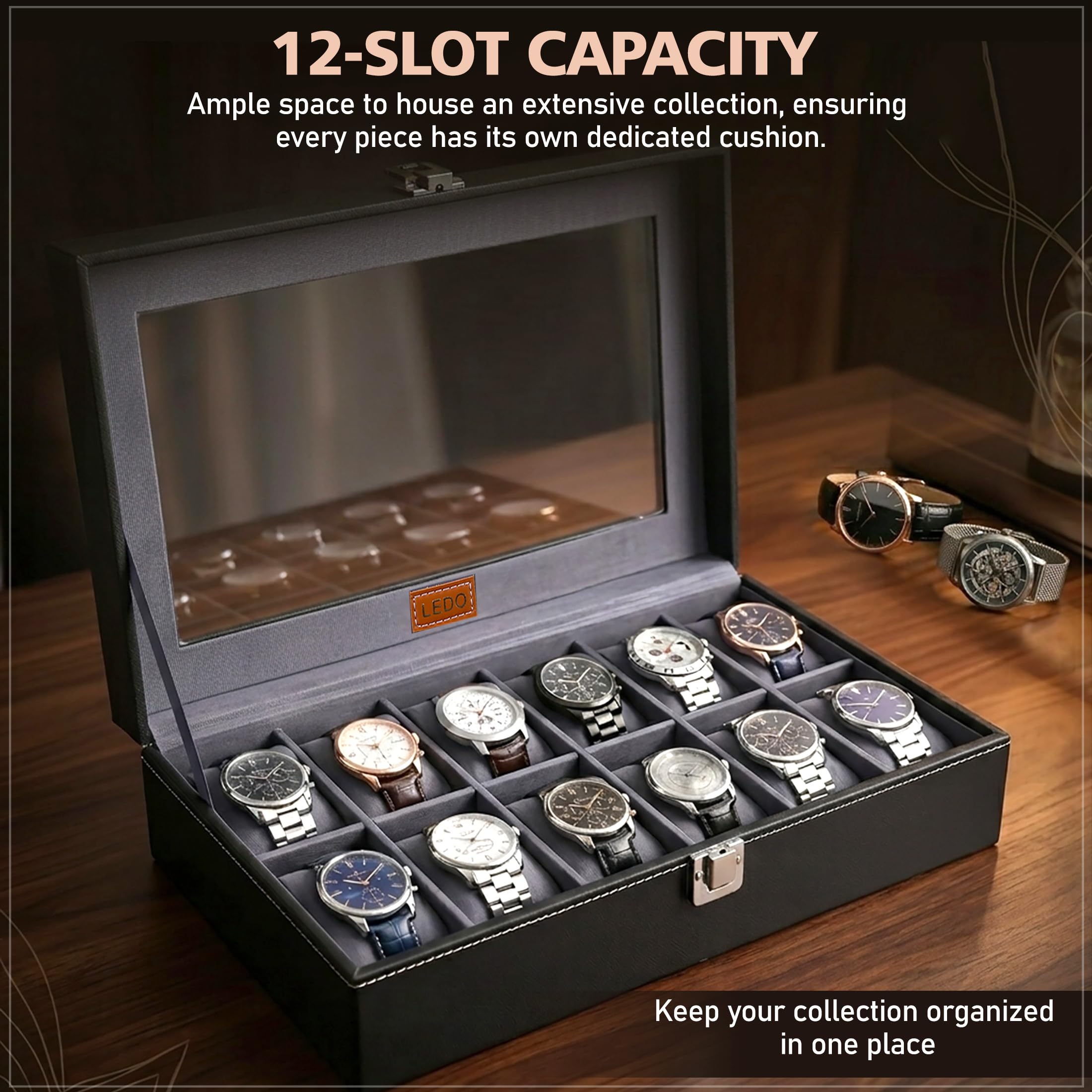 LEDO Men's and Women's Watch Box Holder Organizer Case In 12 Slots of watches In PU Leather with Black & Gray 4
