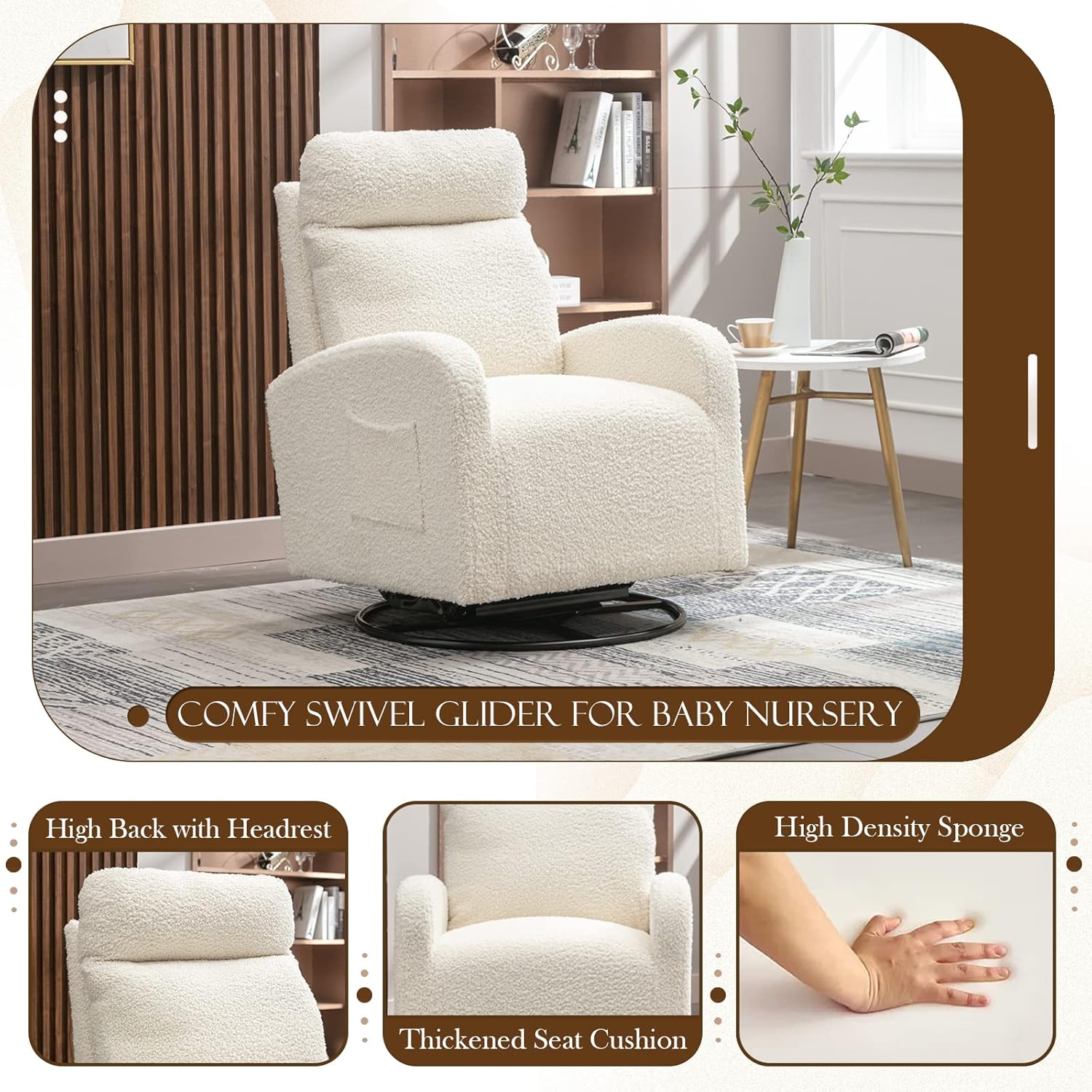 KINFFICT Modern Swivel Glider Chair, Upholstered Accent Glider Rocker for Baby Nursery, Comfy Tall Back Rocking Armchair with Side Pocket and Headrest for Living Room, Bedroom, White Teddy Fabric