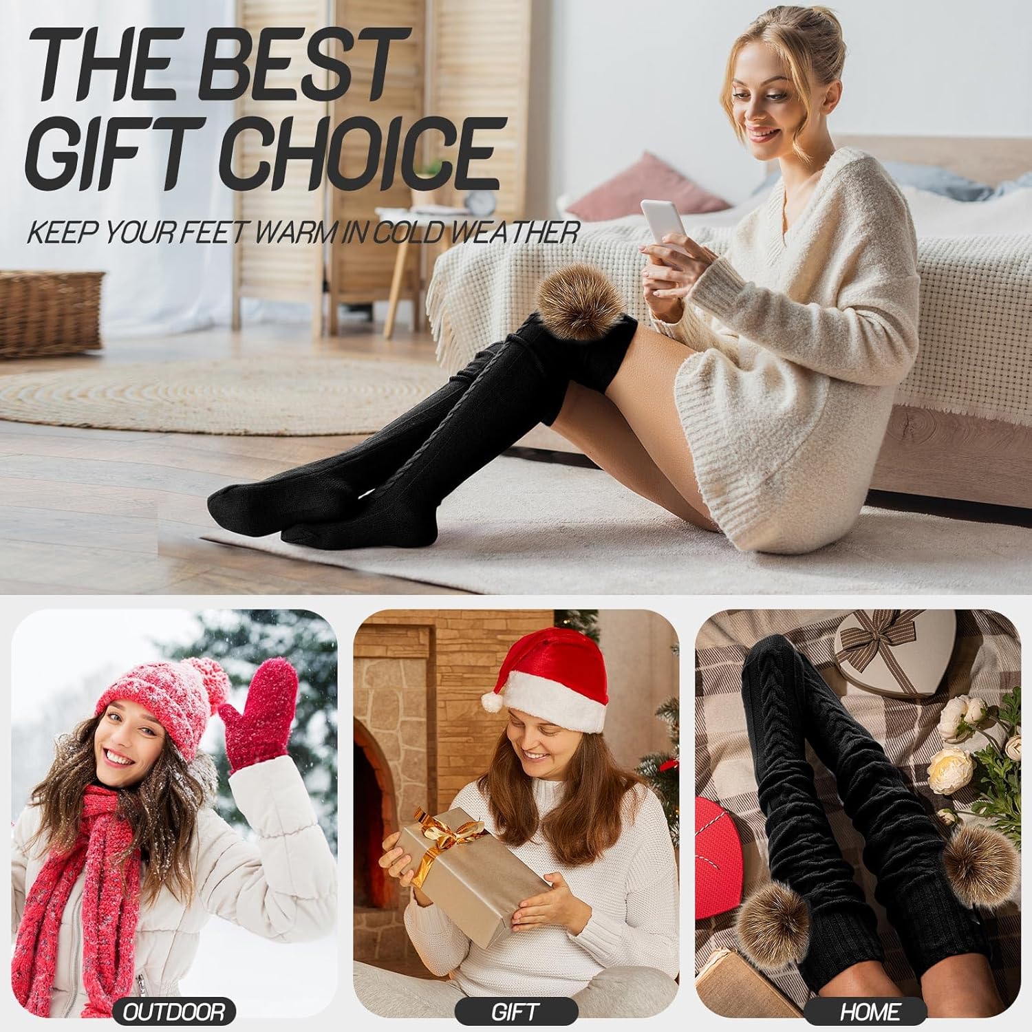 Women's Thigh High Socks Cable Knitted Over the Knee Boot Socks with Pom Pom Winter Extra Long Stockings Leg Warmers - Image 6