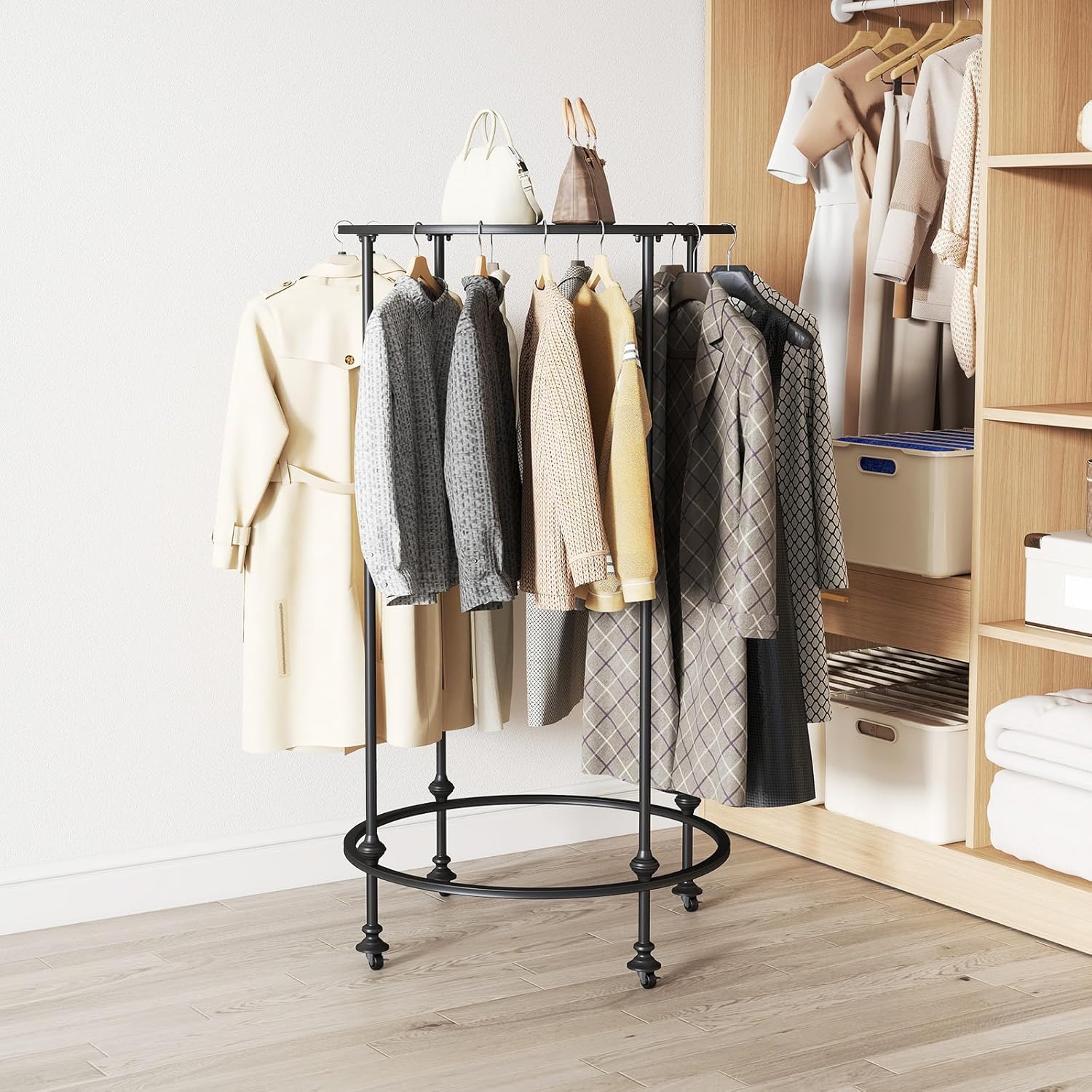 Round Garment Rack, Movable Round Clothes Rack 360° Rotating Clothes Racks Floor Standing Rotatable Clothing Rack for Boutiques Commercial Shop Laundry Room Retail Store
