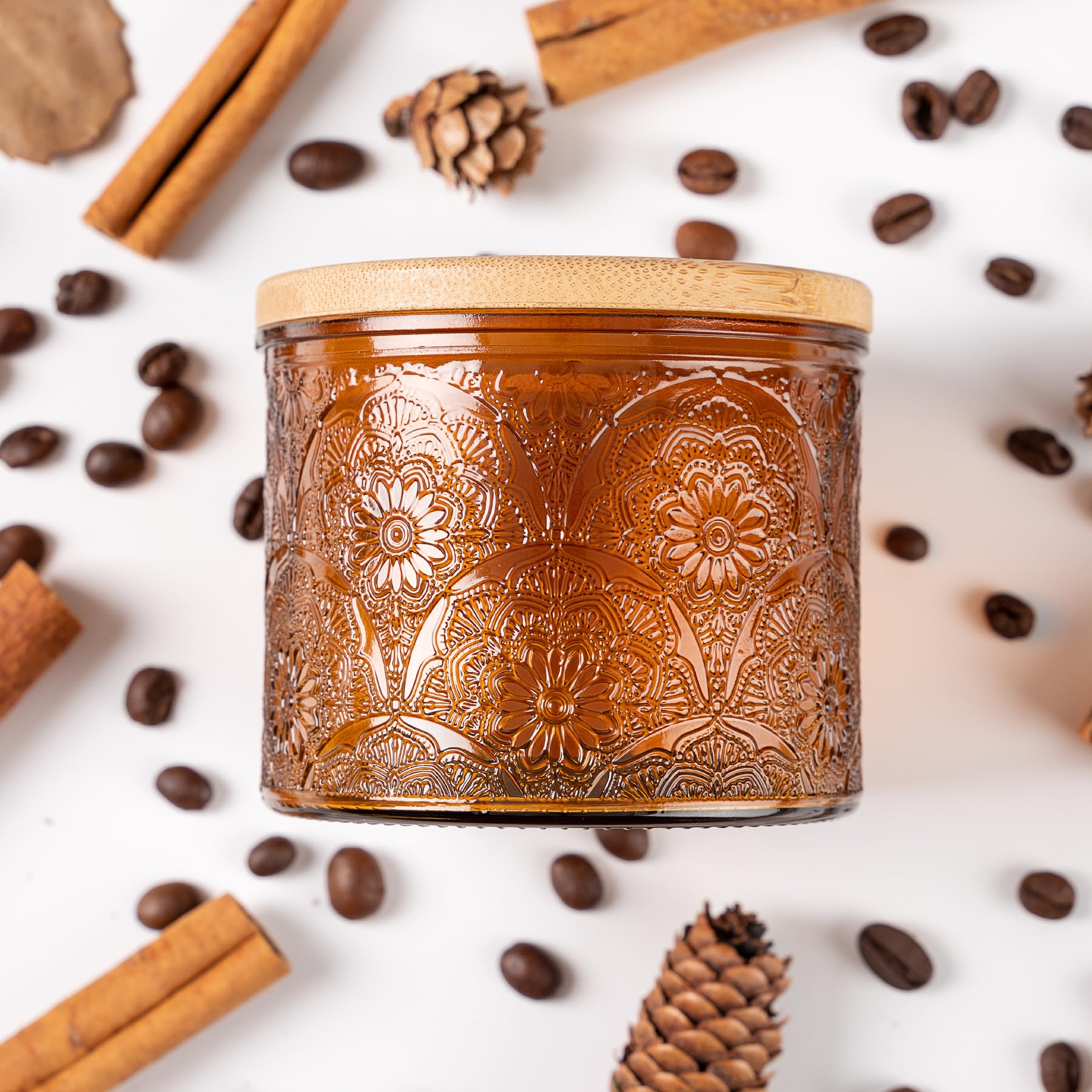 10 oz Embossed Glass Candle Container with Bamboo Lids and Labels,Amber Candle Jars for Making Candles,Mandala Design - Pack of 9